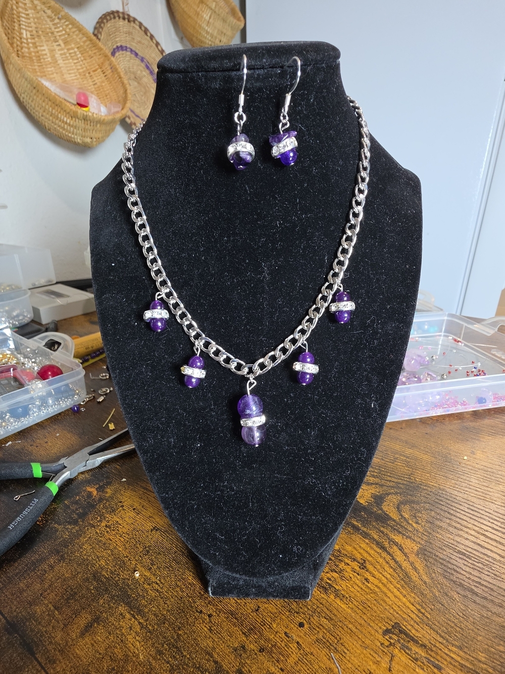 Handmade Amethyst & Rhinestone Drop Necklace Set